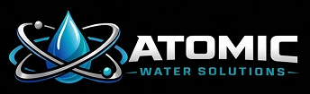 Logo for Atomic Water Solutions featuring a blue water droplet surrounded by atomic orbits, with the company name in bold silver and blue text on a black background.