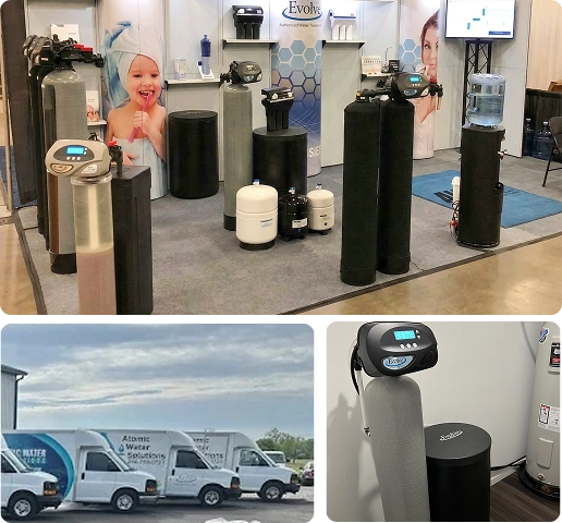 Display of water filtration and softener systems at an expo booth, with additional images of service vans and a water treatment unit in a utility room.