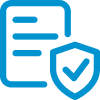 Blue icon of a document with horizontal lines next to a shield containing a check mark, representing security or verified information.