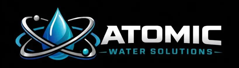 Logo featuring a blue water droplet surrounded by stylized atomic orbits, next to the text "ATOMIC WATER SOLUTIONS" on a black background.