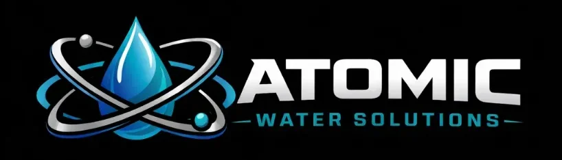 Logo for Atomic Water Solutions, featuring a blue water droplet surrounded by atomic orbits, with the company name in bold metallic letters on a black background.